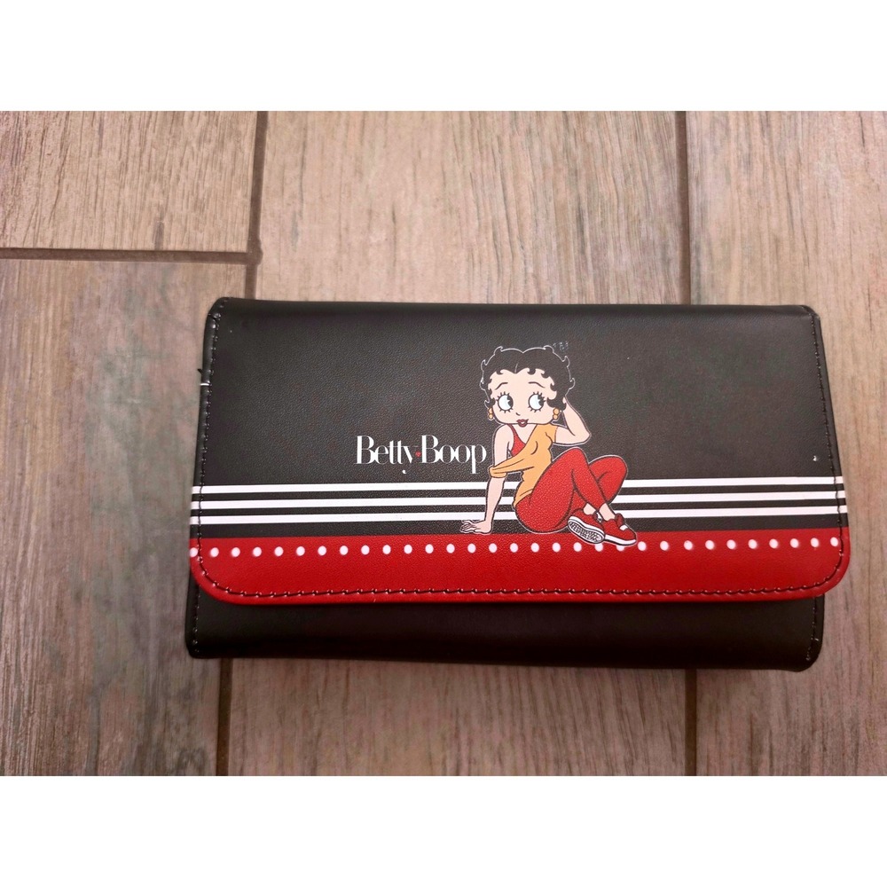 Betty Boop Black Faux Leather Trifold Wallet Red Polka Dot Striped New